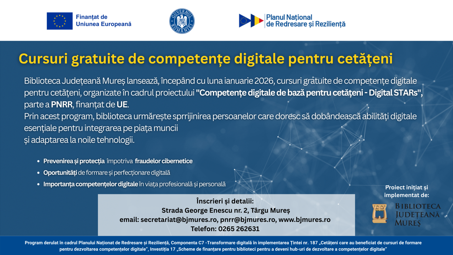 PNRR - BJMures - Cursuri gratuite de competente digitale pentru cetateni