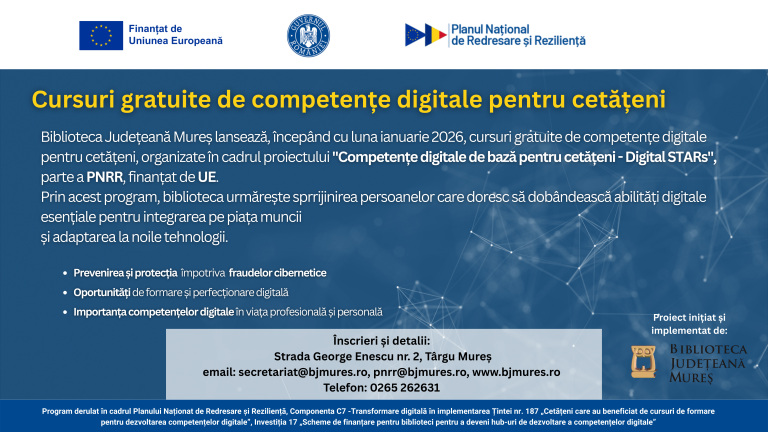 PNRR - BJMures - Cursuri gratuite de competente digitale pentru cetateni