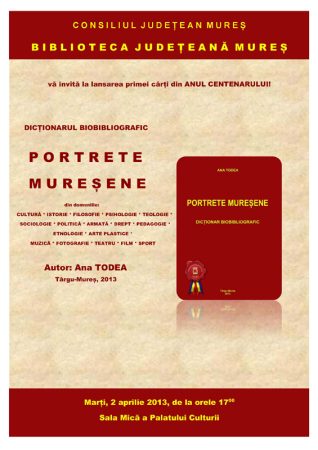 Afis Lansare de carte “Portrete Mureșene” – dicționar biobibliografic